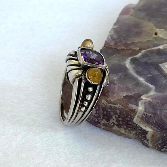 Sterling Silver 925 Cushion Cut Amethyst Double Citrine Wide Band Ring Sz 6.5 - Picture 4 of 16